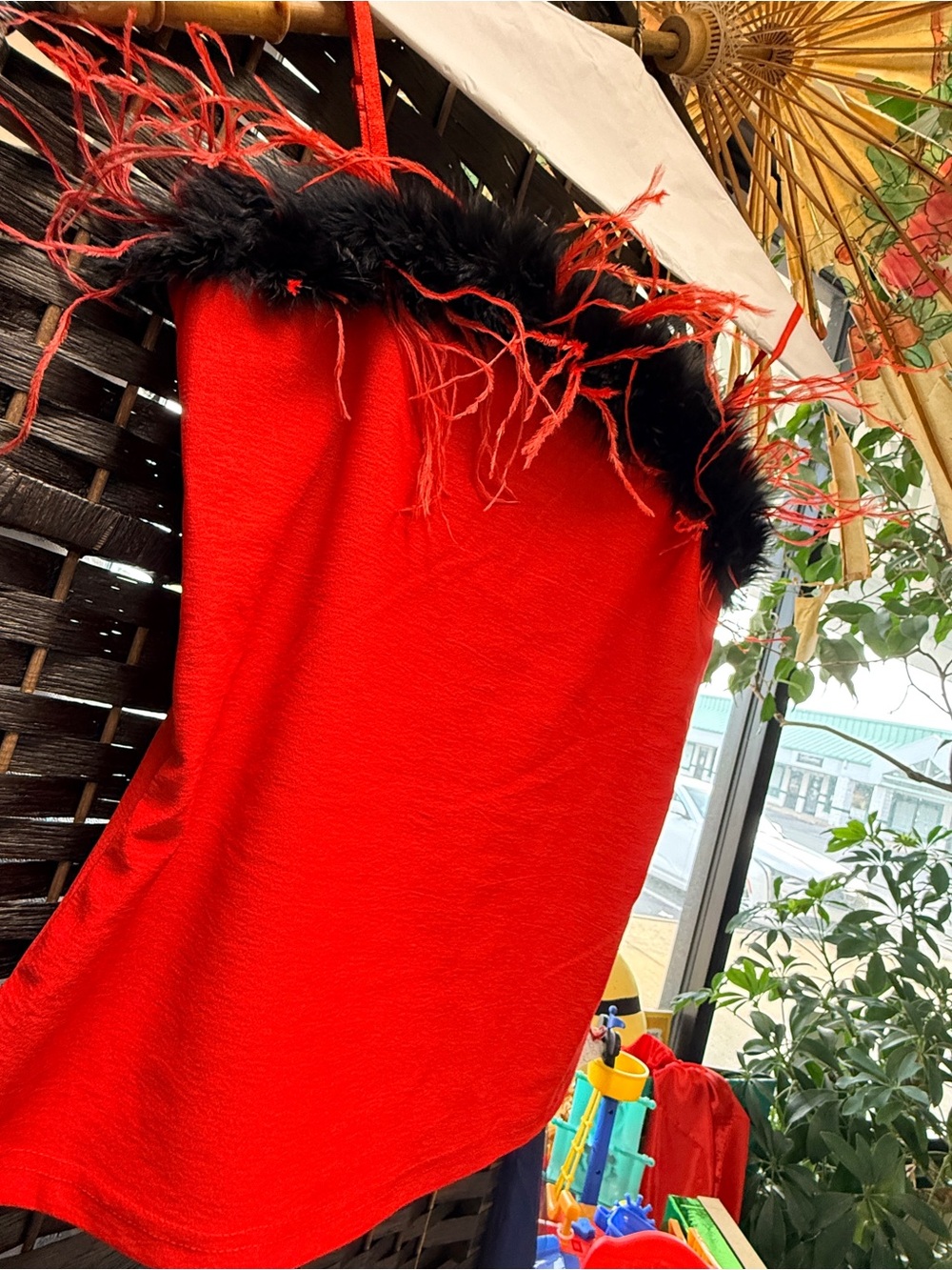 XOXO Red Camisole with Black Feather Trim
